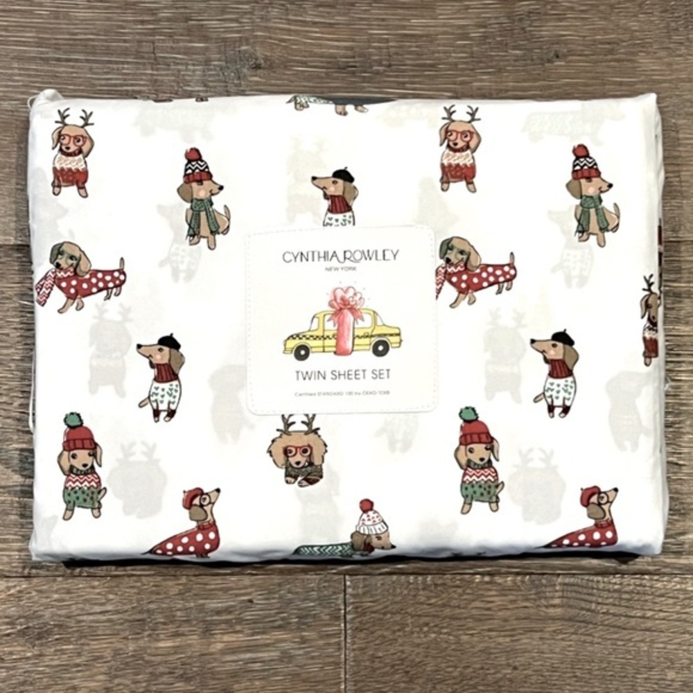 Cynthia Rowley - ‘Christmas Dachshund’ twin size sheet set. NWT Firm!